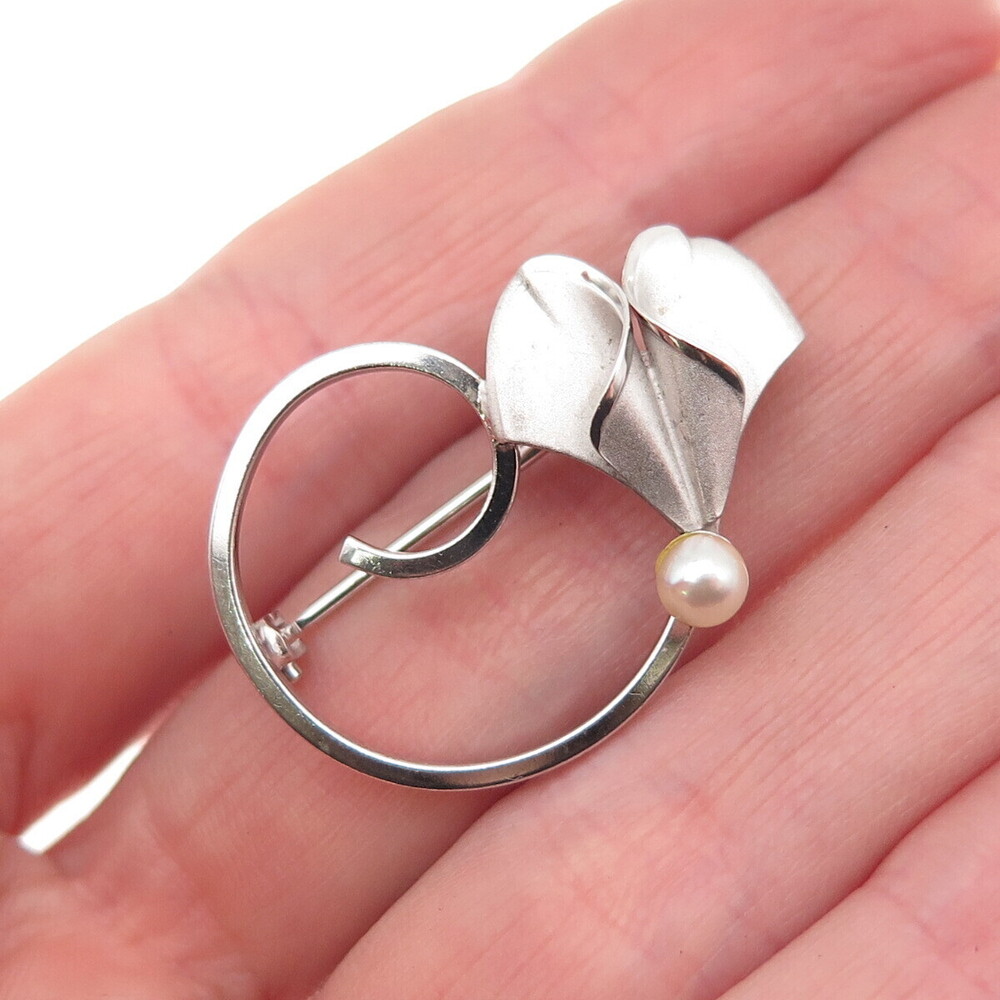 Curtis Curtman Sterling Silver Vintage Real Pearl Modernist Floral Pin Brooch